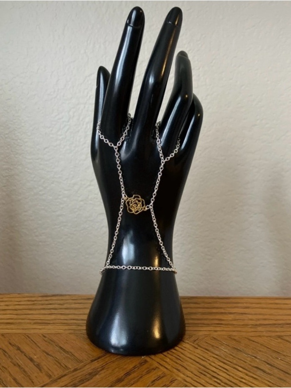 Silver Two-Ring Flower Hand Chain with Gold Rose Pendant
